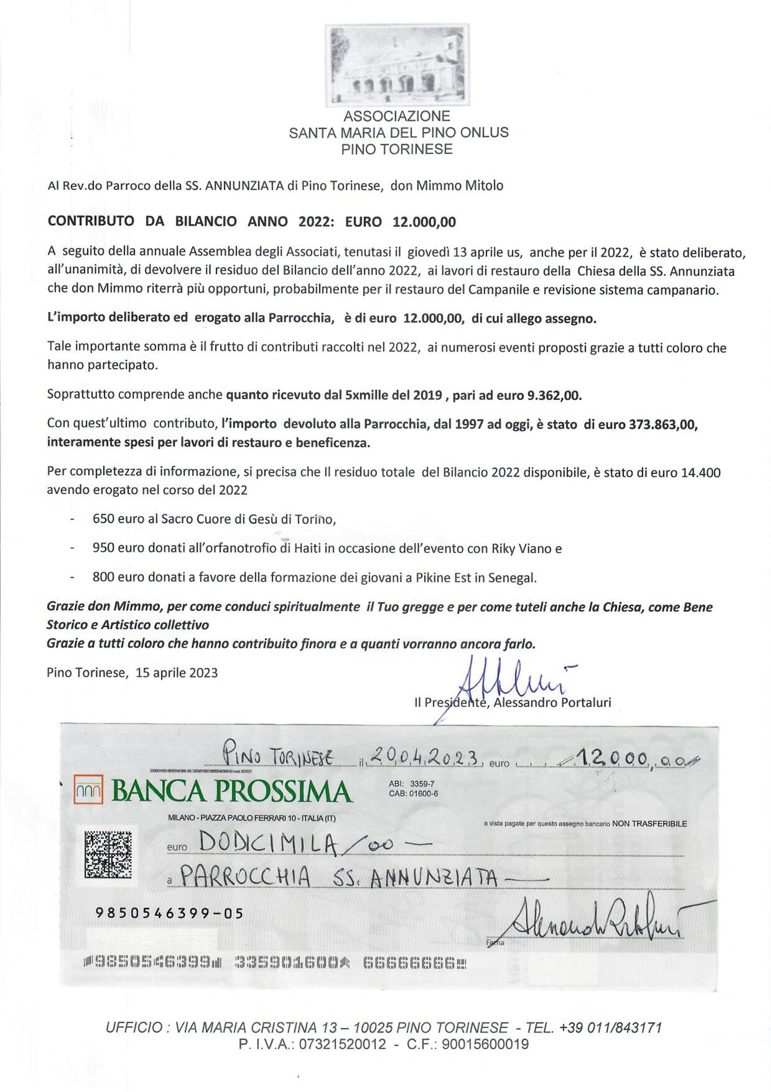 20230709 Pino SS Annunziata 5x1000 Santa Maria del Pino lettera e assegno alla parrocchia 11 giugno 2023